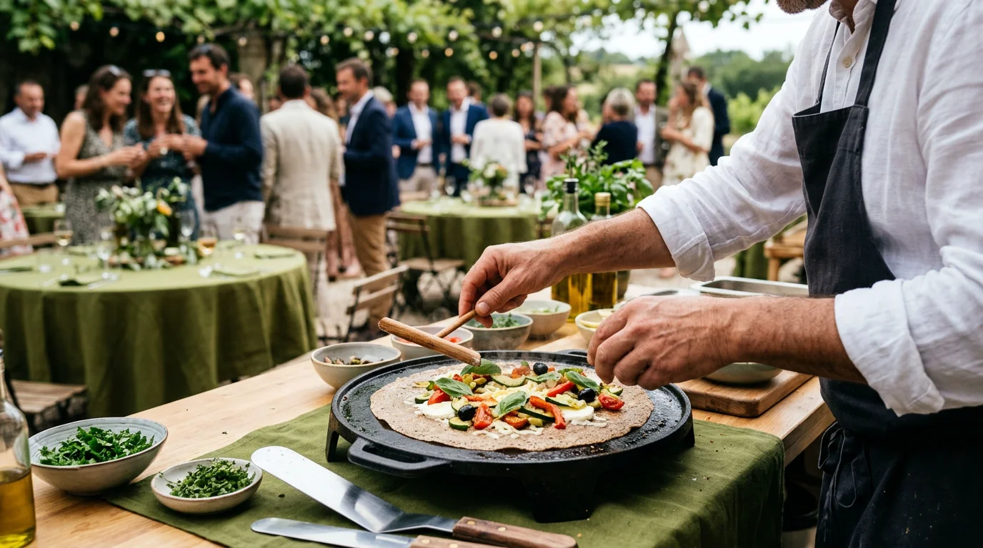 Galettes de sarrasin sans gluten préparées à la minute lors d'une réception