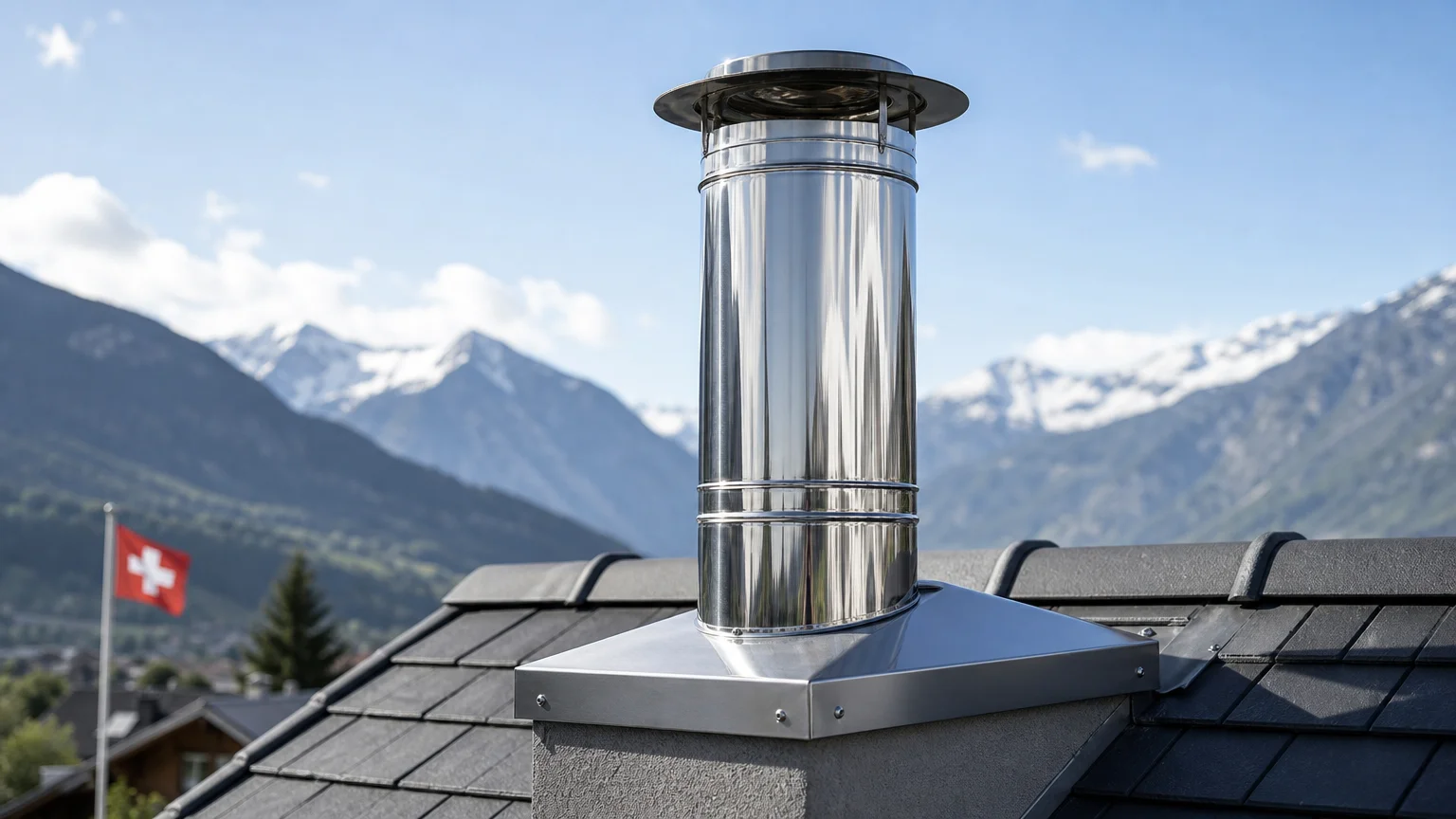 Conduit de cheminée tubé en inox à la sortie d'un toit