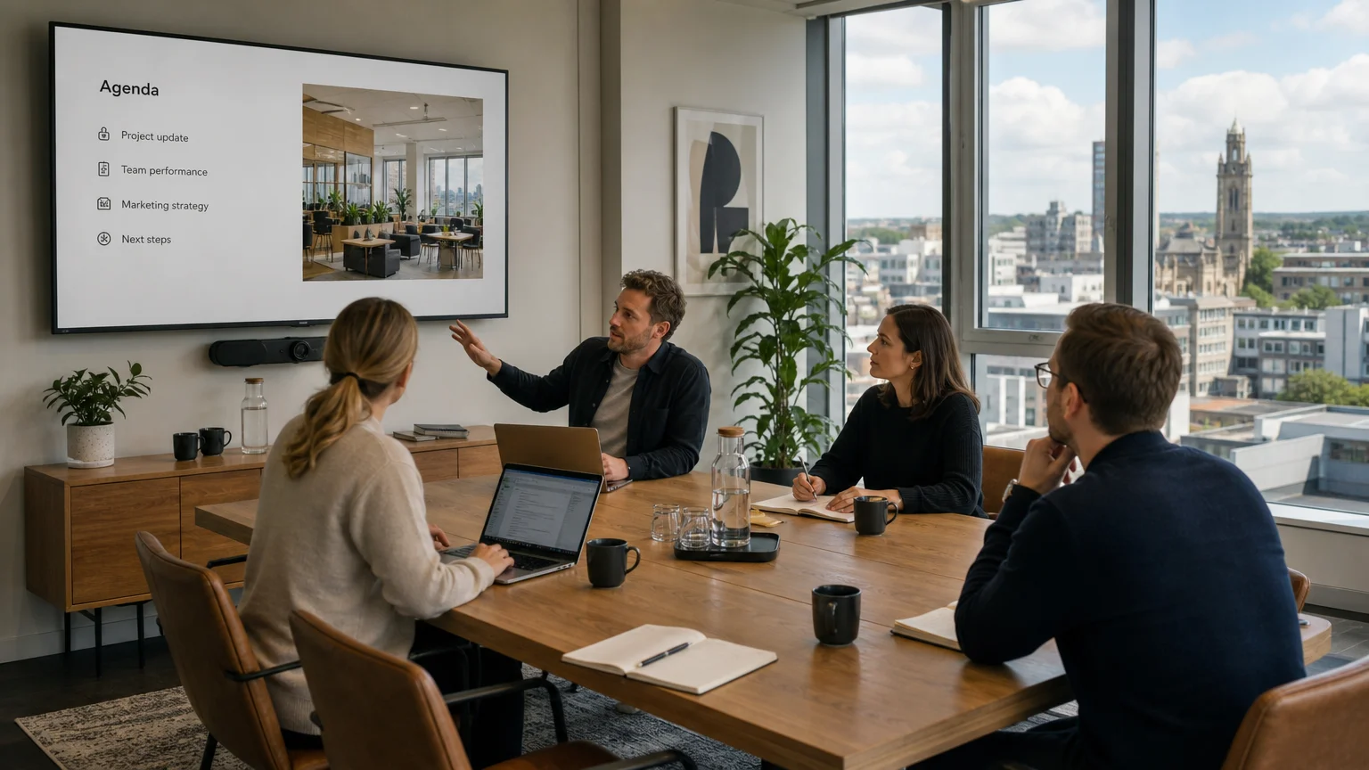 Professionals meeting around a table in a bright Bristol meeting room with a presentation screen
