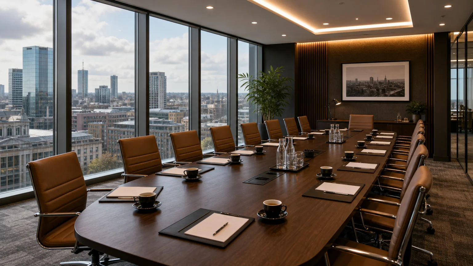 Executive boardroom with city views set up for a larger meeting