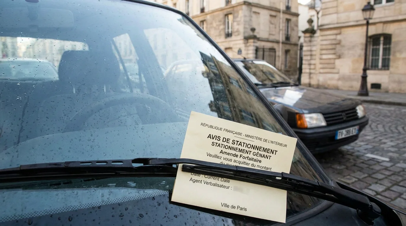 Avis de paiement de forfait post-stationnement posé sur un pare-brise en France