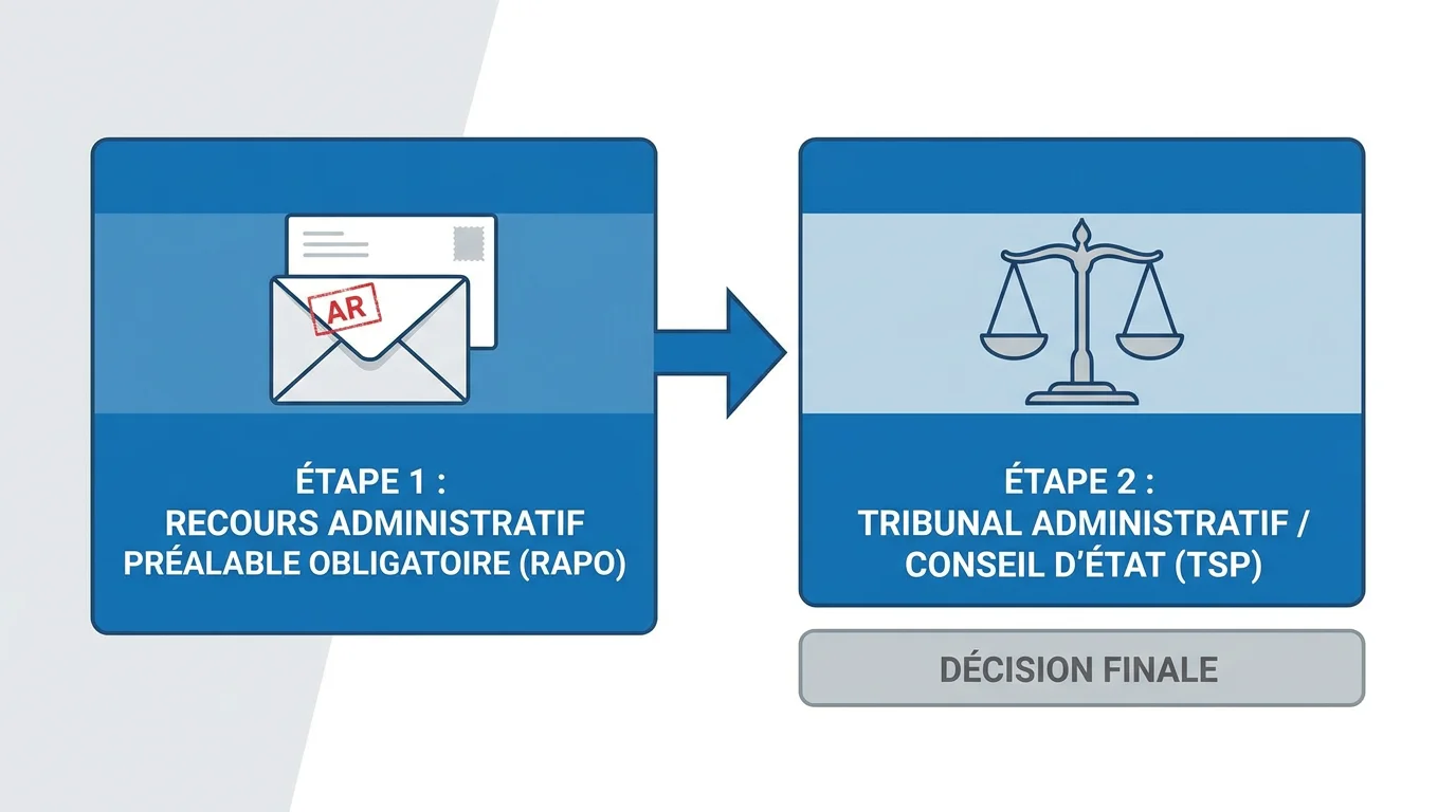 Schéma illustrant les deux étapes de contestation d'un FPS : RAPO puis Tribunal du stationnement payant