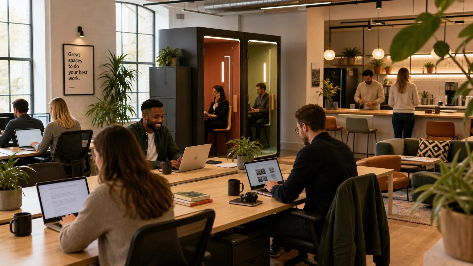 Professionals working in a bright modern coworking space with shared desks and natural light