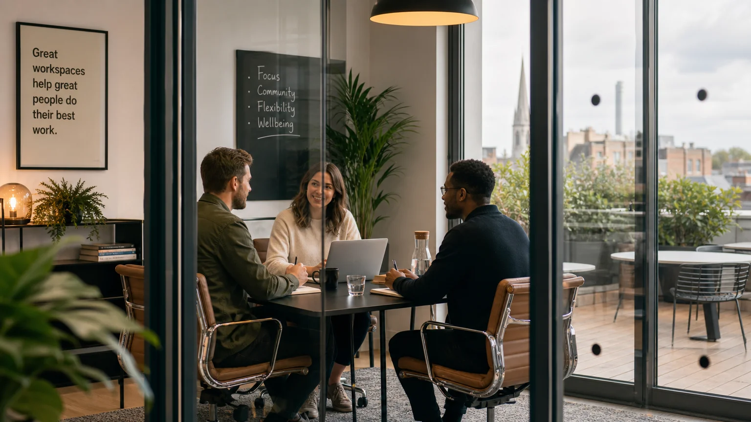 Small business team meeting in a stylish private office within a coworking building