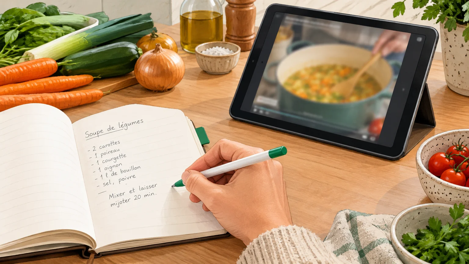 Une personne note une astuce de cuisine dans un carnet près d’une tablette
