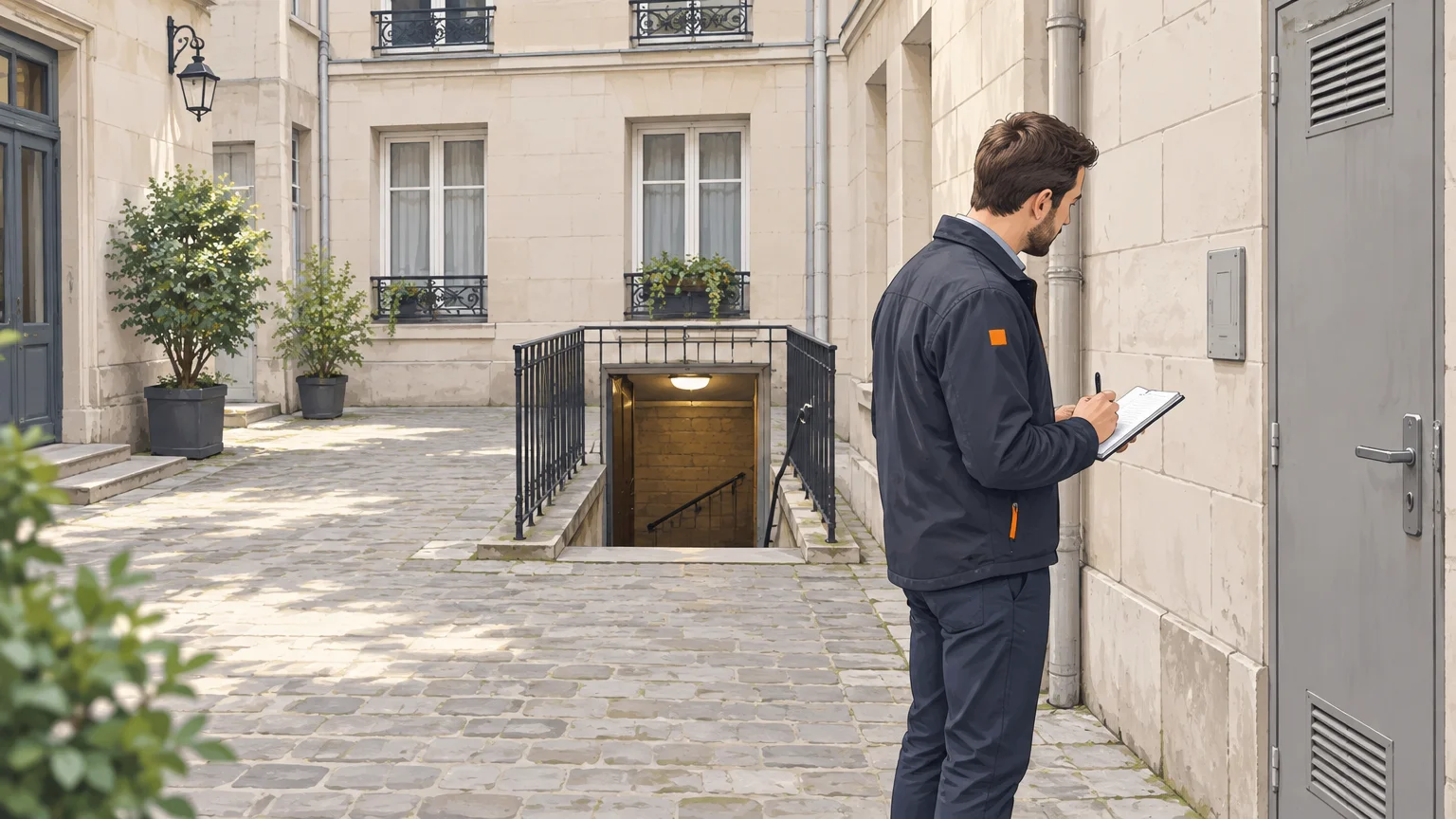 Gestionnaire observant l’accès à la cave d’un immeuble parisien