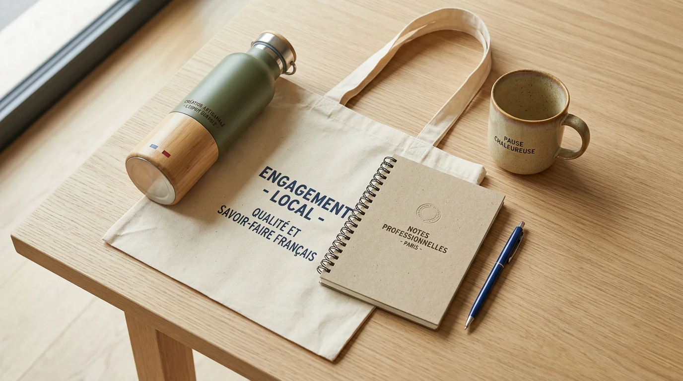 Sélection d'objets publicitaires éco-responsables disposés sur une table en bois
