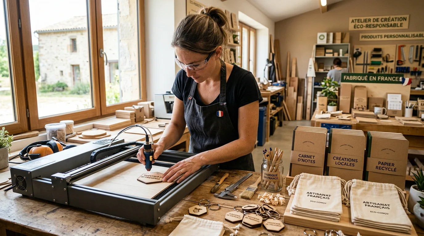 Artisan personnalisant des objets publicitaires éco-conçus dans un atelier français