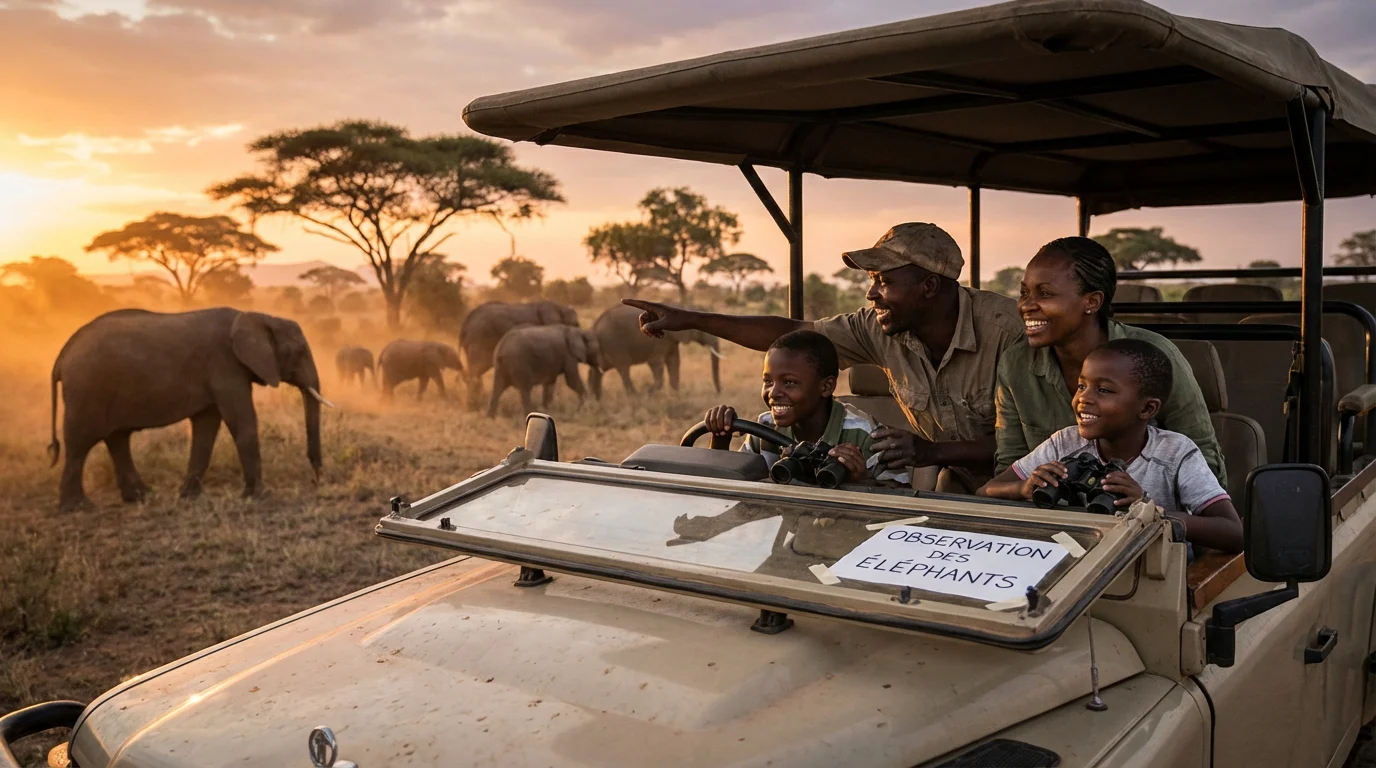 Famille observant des éléphants depuis un véhicule de safari dans la savane africaine au coucher du soleil