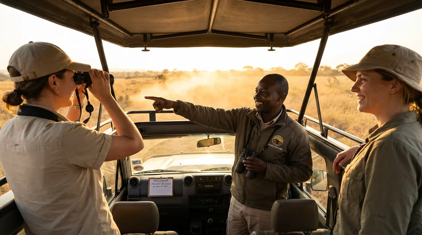 Guide de safari et voyageurs dans un 4x4 observant la faune à l'aube dans la savane