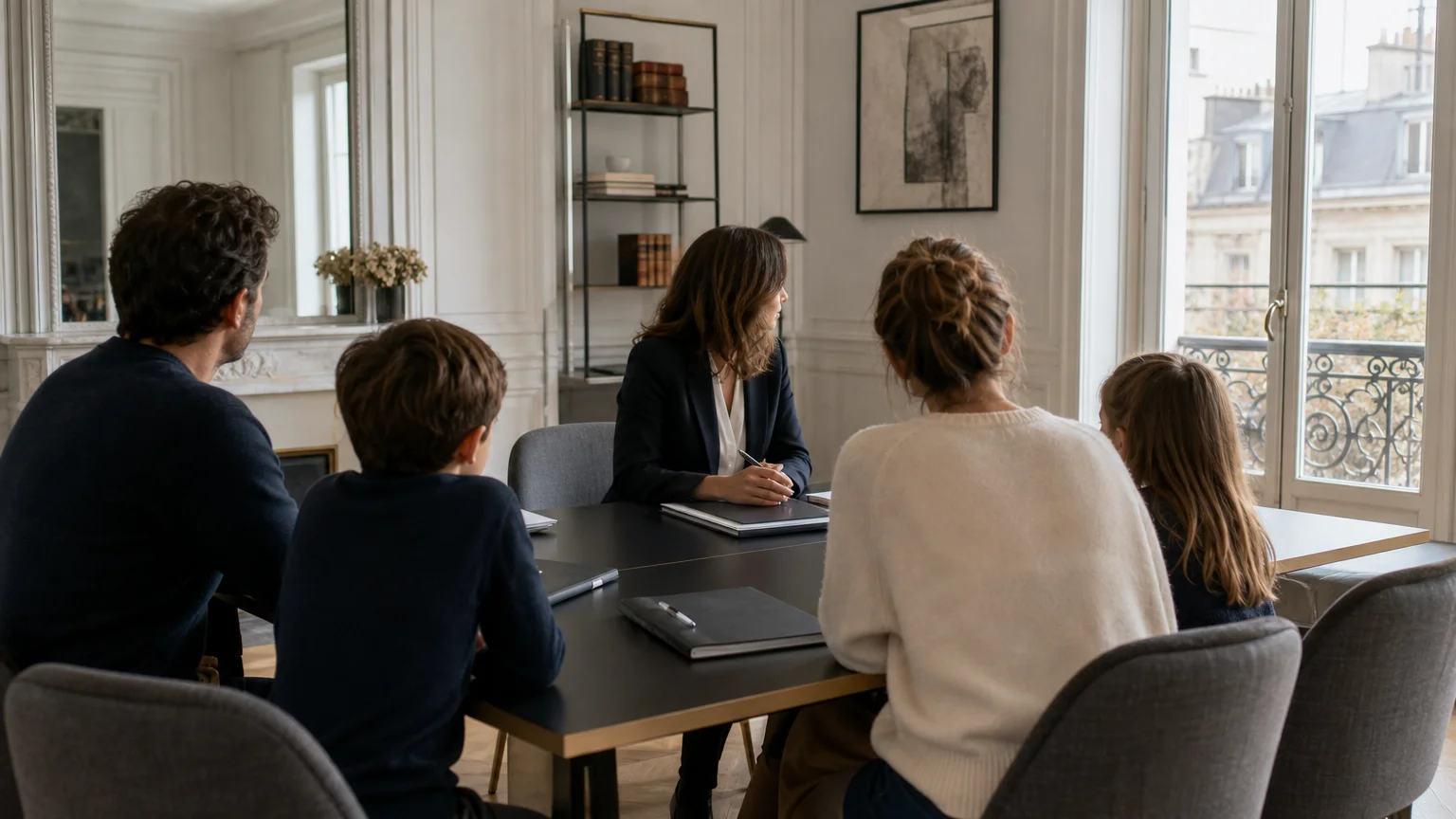 Parents et enfants échangeant calmement avec une avocate dans un bureau juridique, visages non identifiables