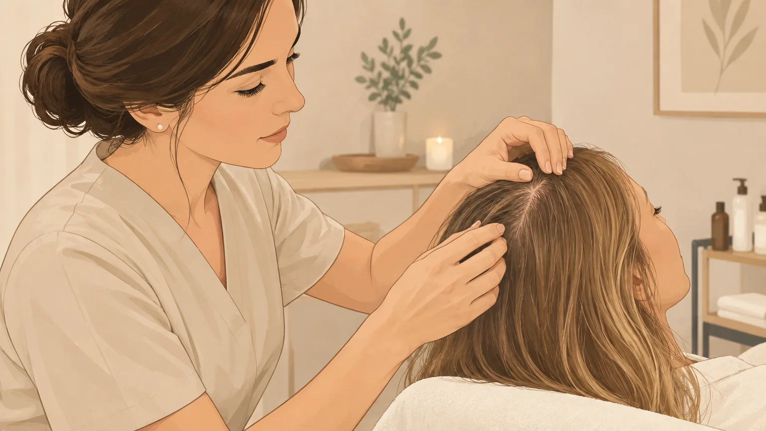 Examen délicat du cuir chevelu et des cheveux fins avant un Head Spa