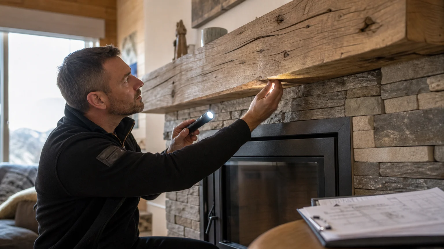 Inspection professionnelle d’une poutre de cheminée en bois