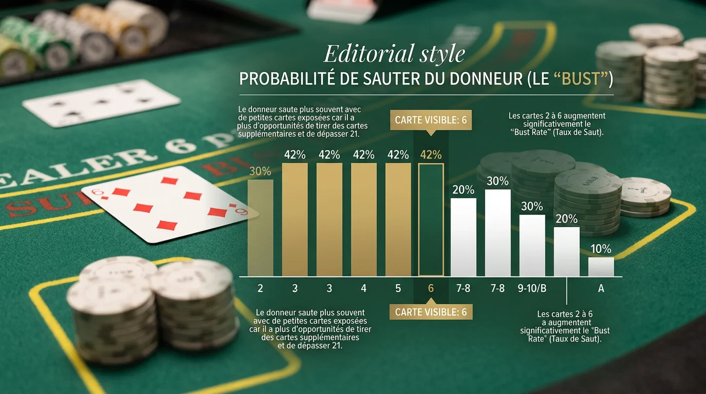 Carte visible du croupier accompagnée d'un graphique de probabilité de dépassement