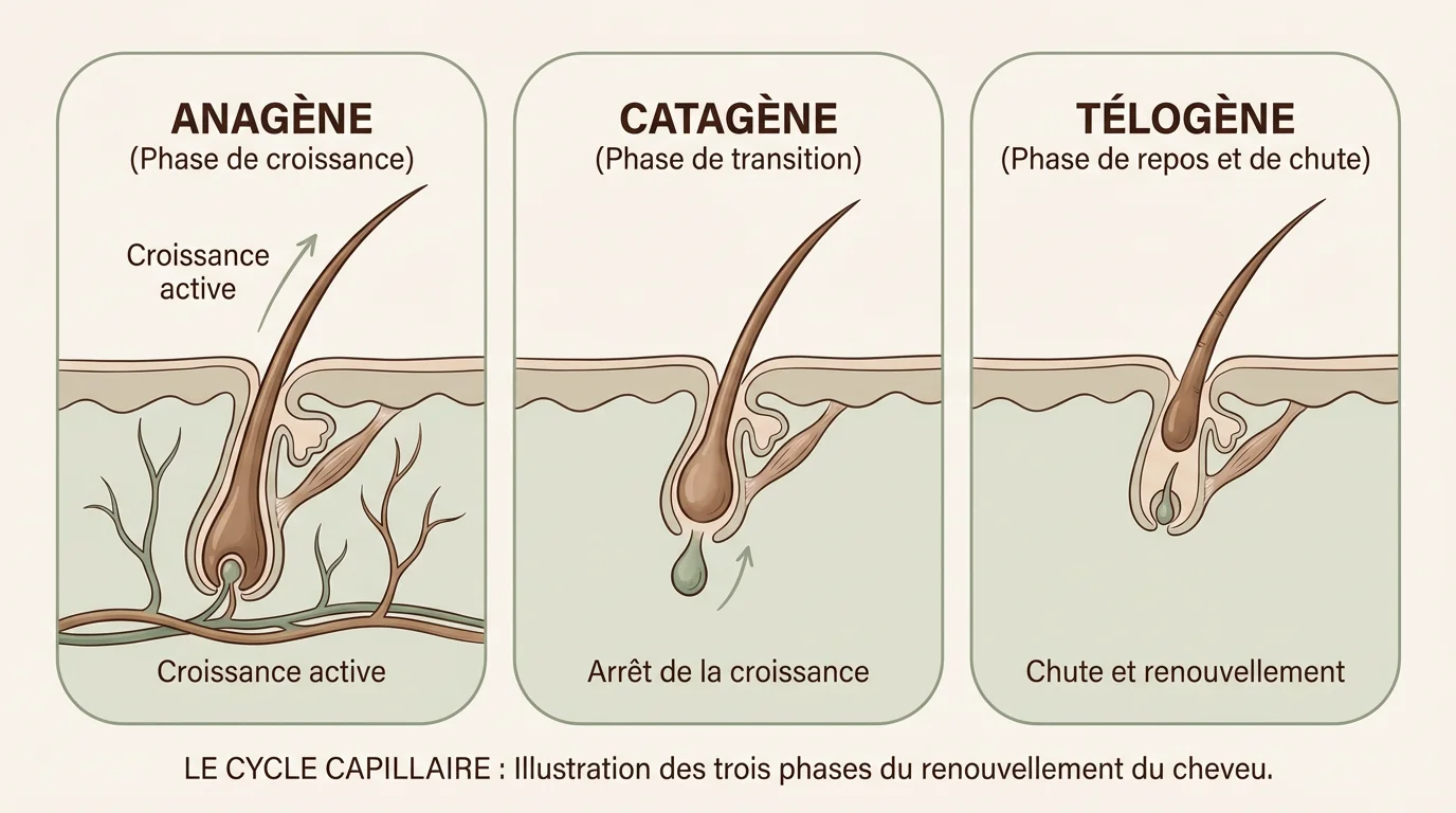 Illustration du cycle pilaire en trois phases : anagène, catagène et télogène