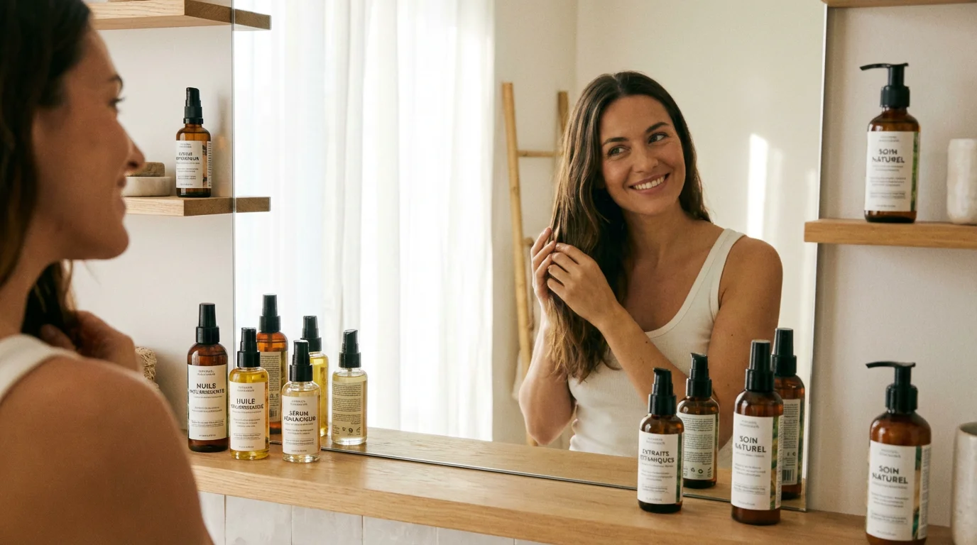 Femme appliquant une huile de soin capillaire dans sa routine beauté