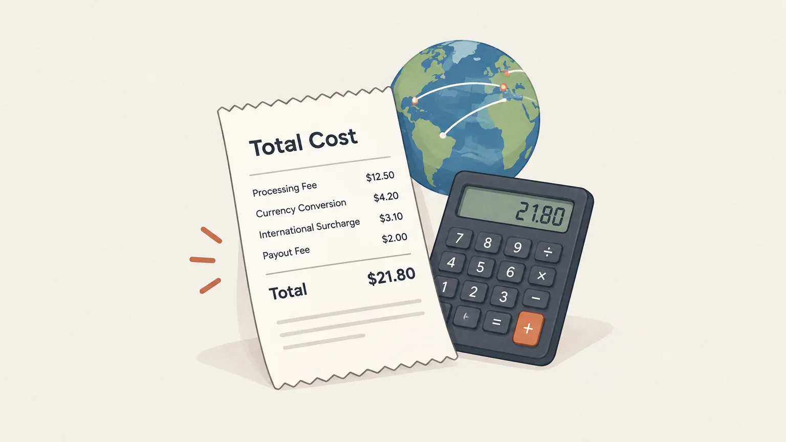 Receipt and calculator representing payment costs for global digital sales