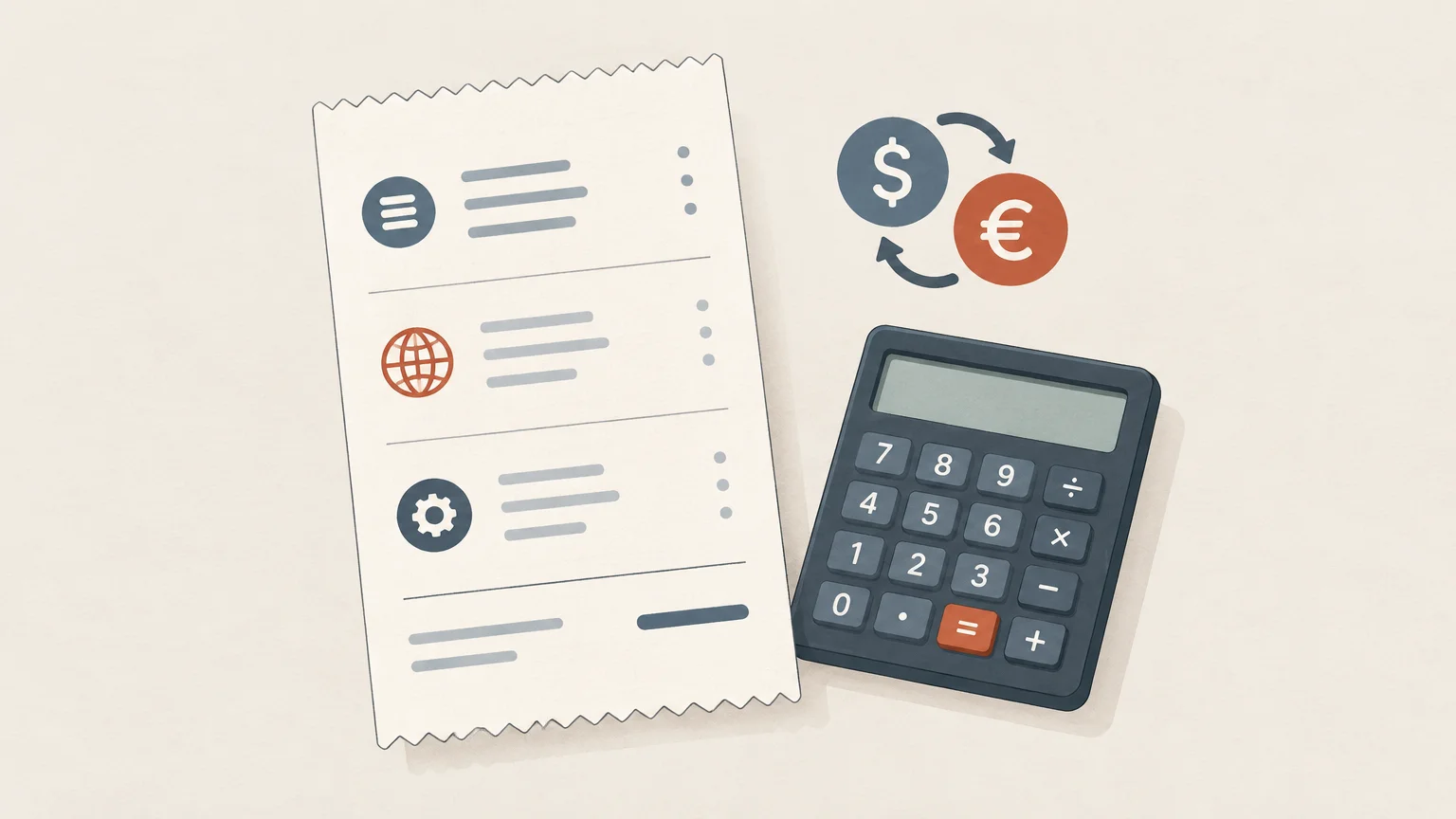 Editorial illustration of transaction and currency costs beside a calculator