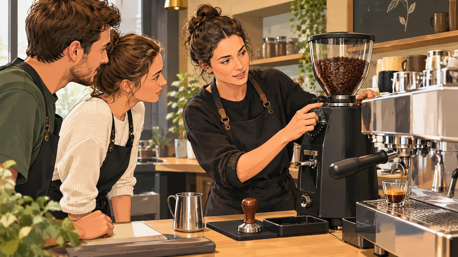 Formation pratique de baristas autour d’une machine espresso professionnelle
