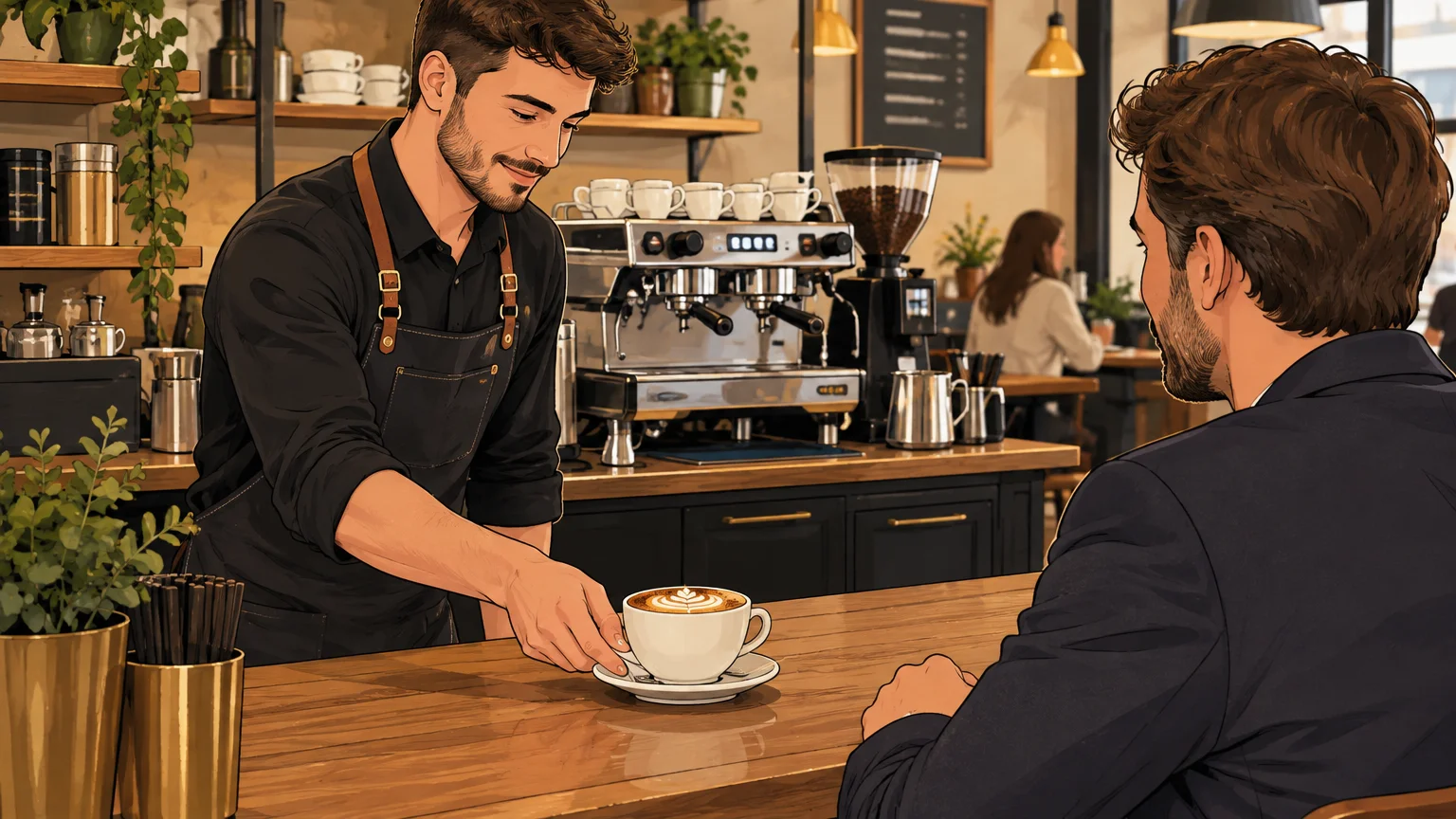 Service d’un cappuccino à un client dans un restaurant contemporain