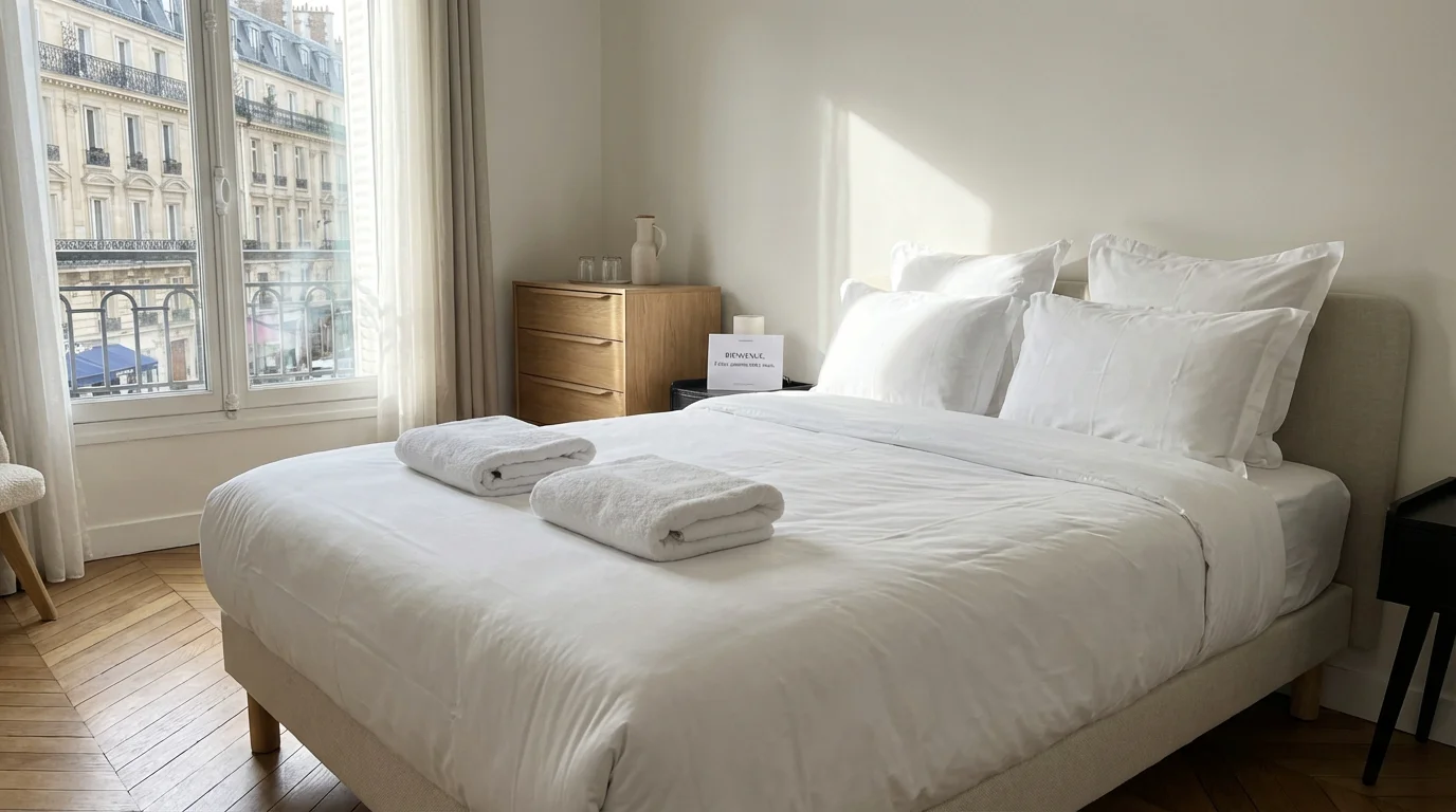Lit parfaitement fait avec du linge blanc de qualité hôtelière dans un appartement de location saisonnière