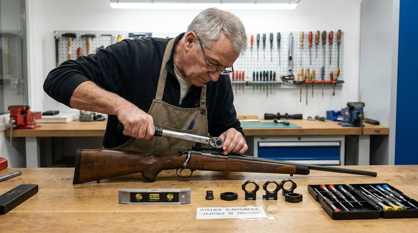 Armurier professionnel montant une lunette de visée sur une carabine dans un atelier en France