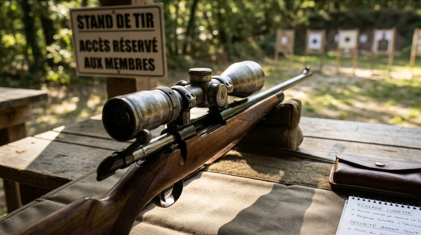 Lunette de tir montée sur une carabine de chasse posée sur un chevalet de réglage en stand de tir français