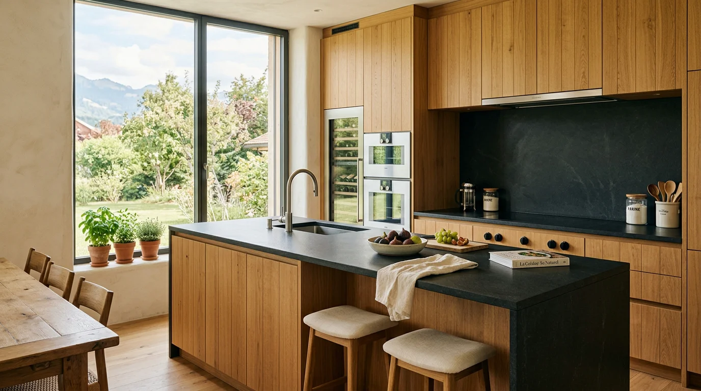 Cuisine moderne avec façades en chêne clair et plan de travail en pierre foncée