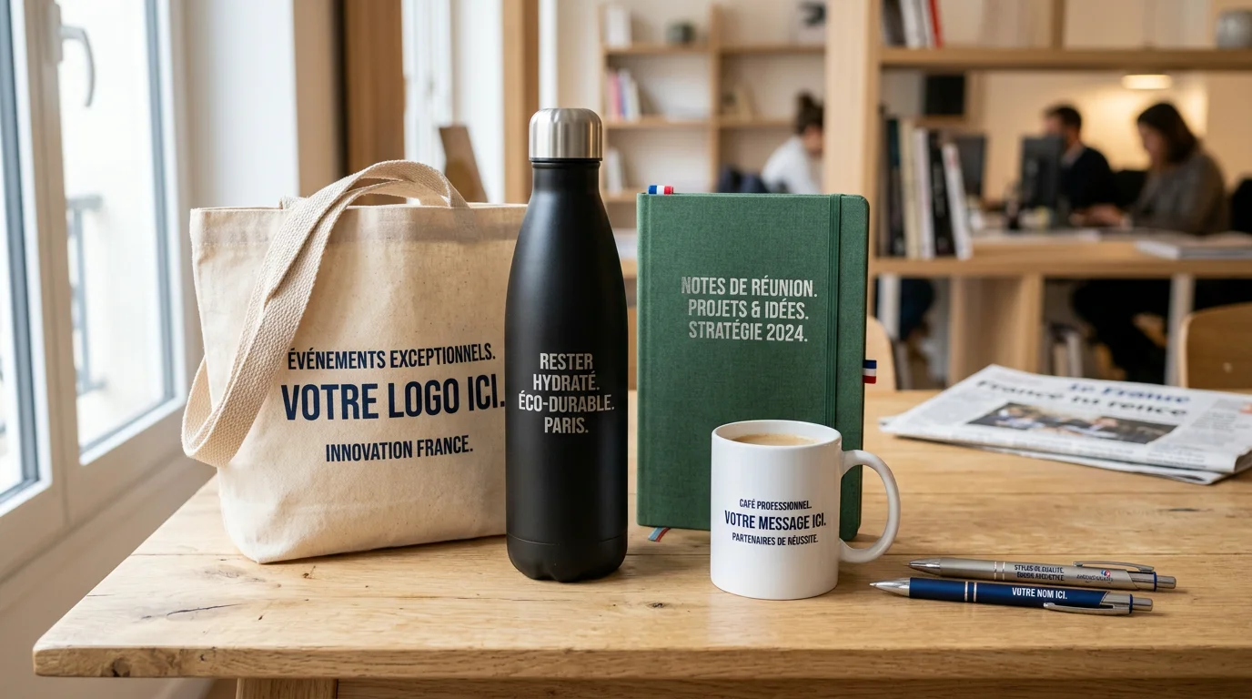 Assortiment d'objets publicitaires personnalisés posés sur une table en bois