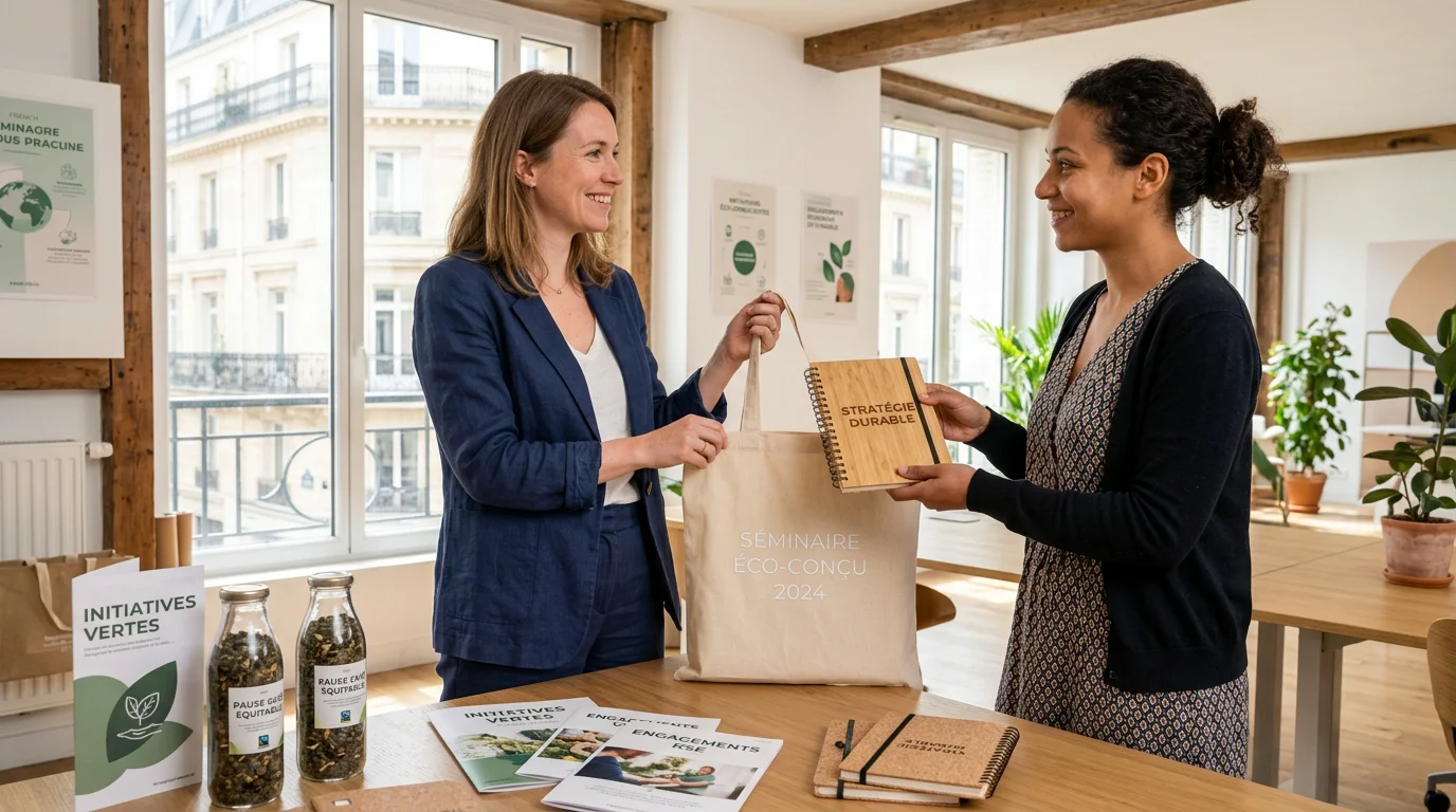 Remise d'objets publicitaires éco-responsables lors d'un atelier en entreprise