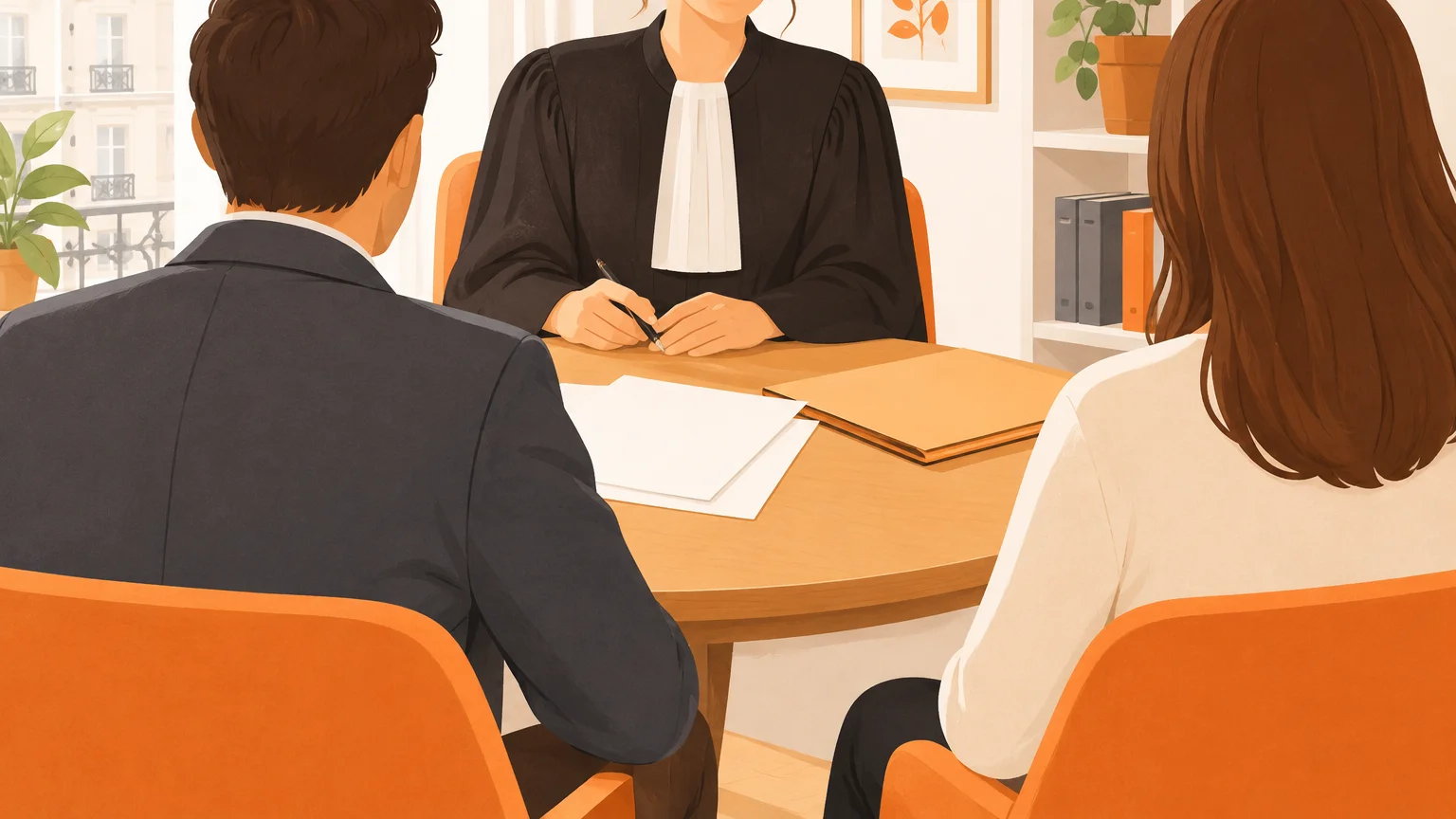 Un parent échange avec un avocat autour de documents dans un bureau