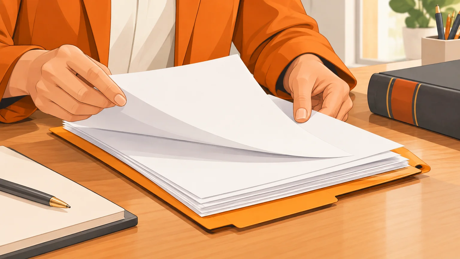 Des mains classent des documents juridiques sur un bureau