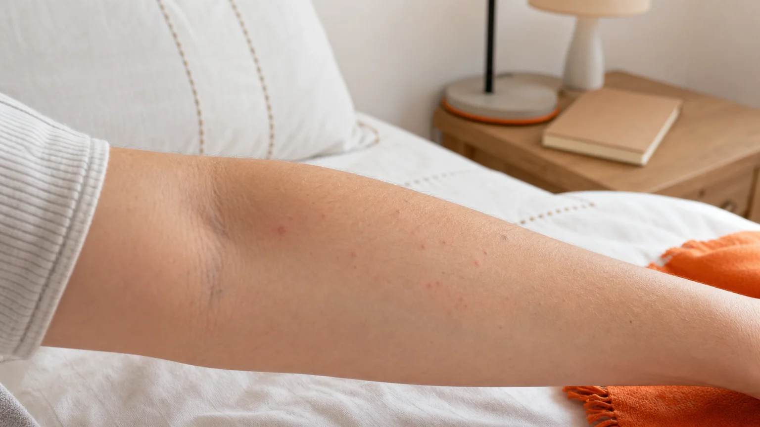 Papules rouges discrètes sur un avant-bras près d’un lit