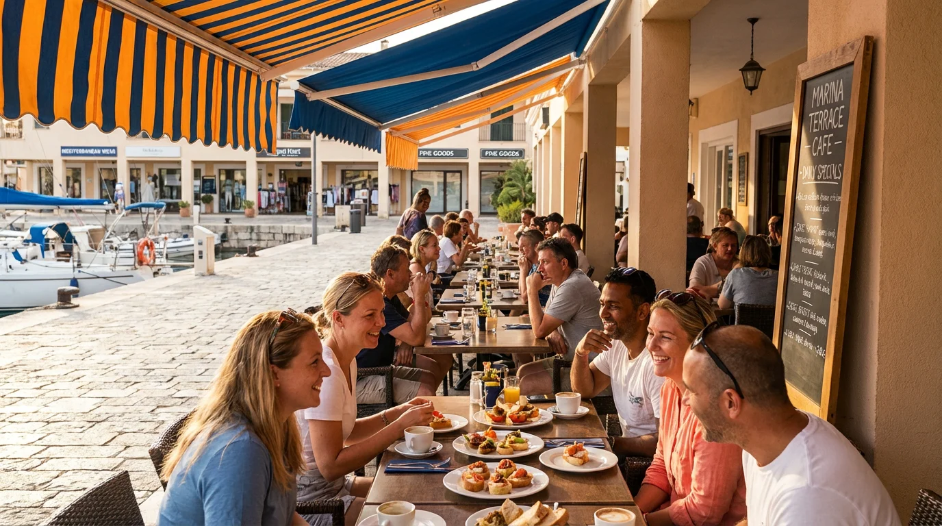 Friends enjoying an evening on a rooftop terrace overlooking Puerto Banus marina at night