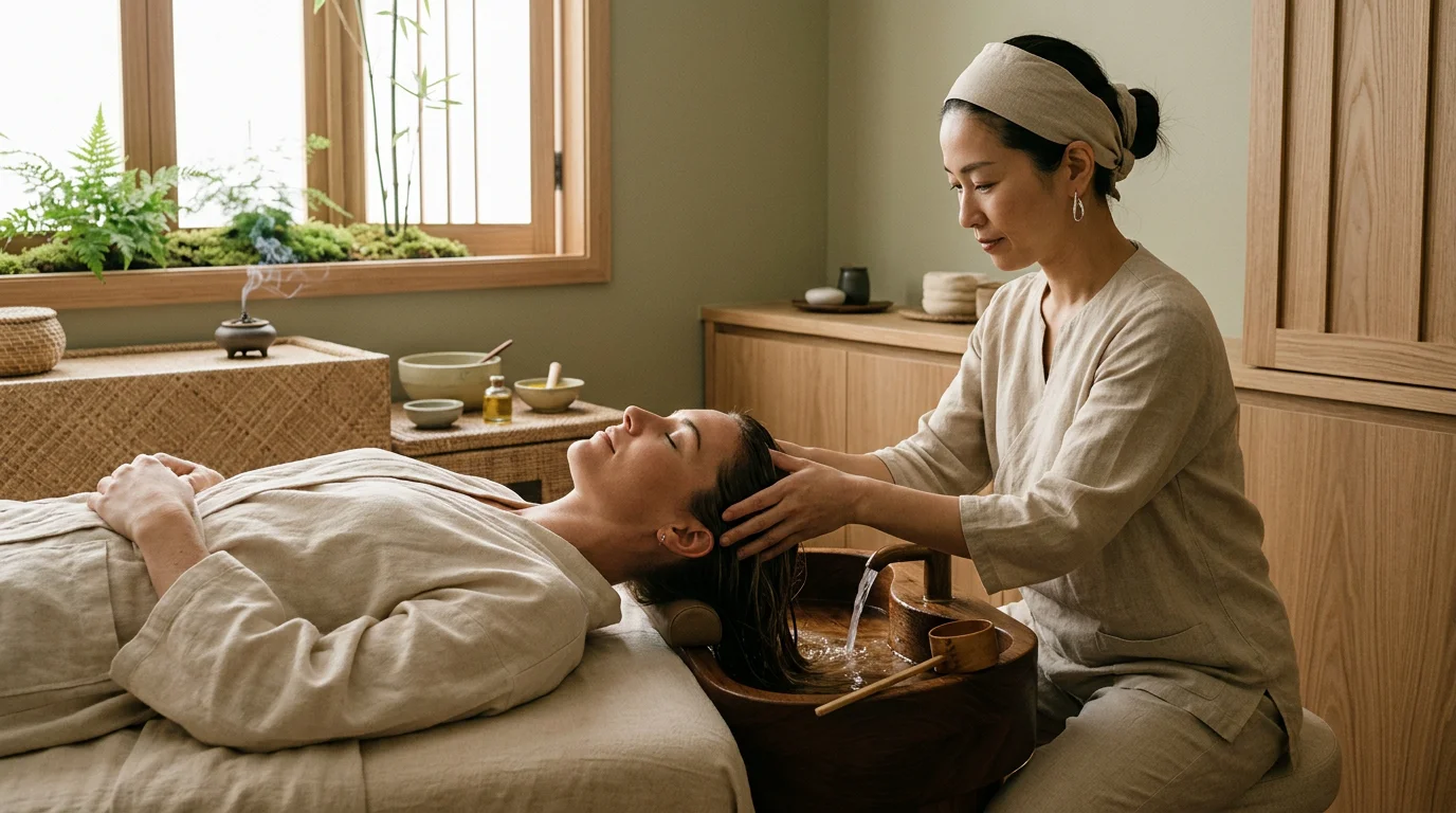 Soin capillaire japonais relaxant du cuir chevelu dans une ambiance apaisante