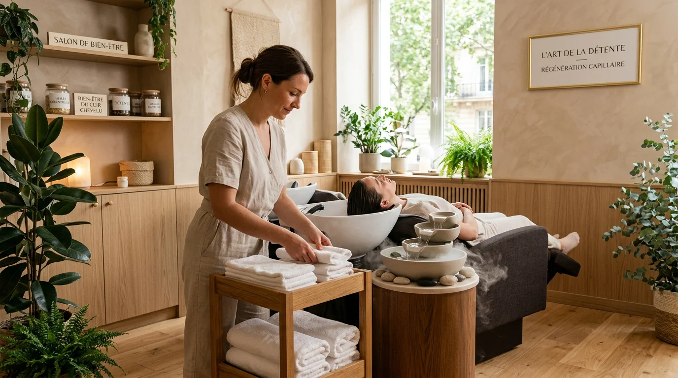 Espace de soin capillaire japonais dans un salon de bien-être moderne en France