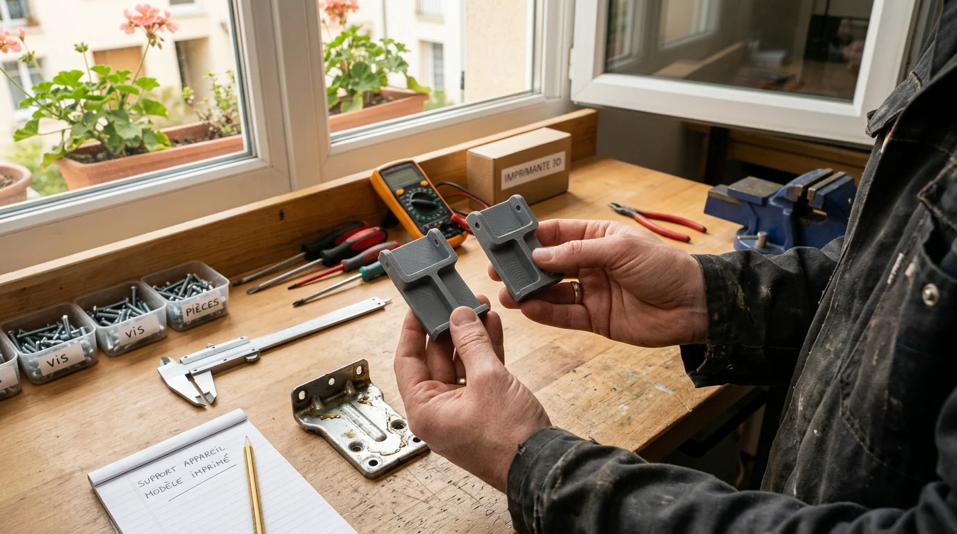 Mains tenant une petite pièce plastique imprimée en 3D pour la comparer à un composant d'appareil