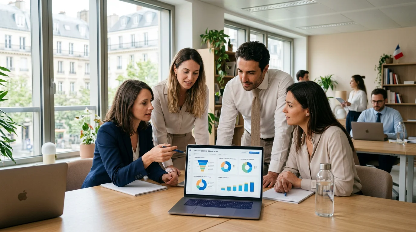 Équipe de consultants européens analysant un tableau de bord CRM en 2026