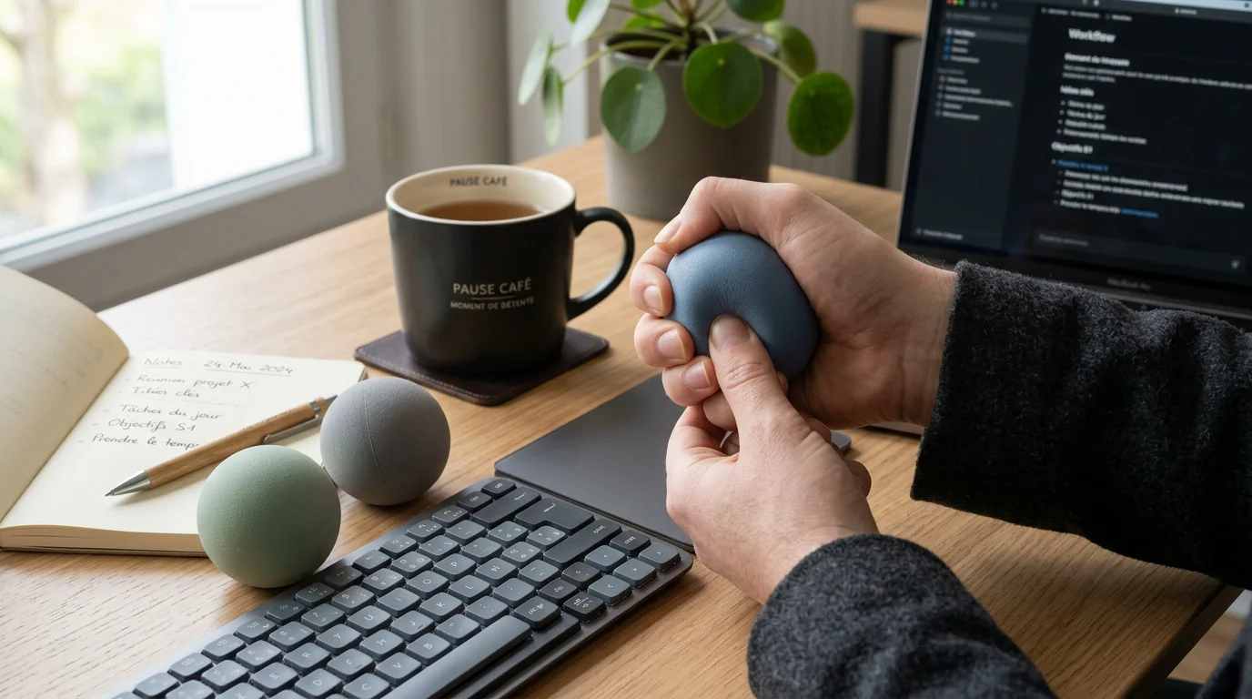 Personne pressant une balle anti-stress personnalisée sur un bureau de travail