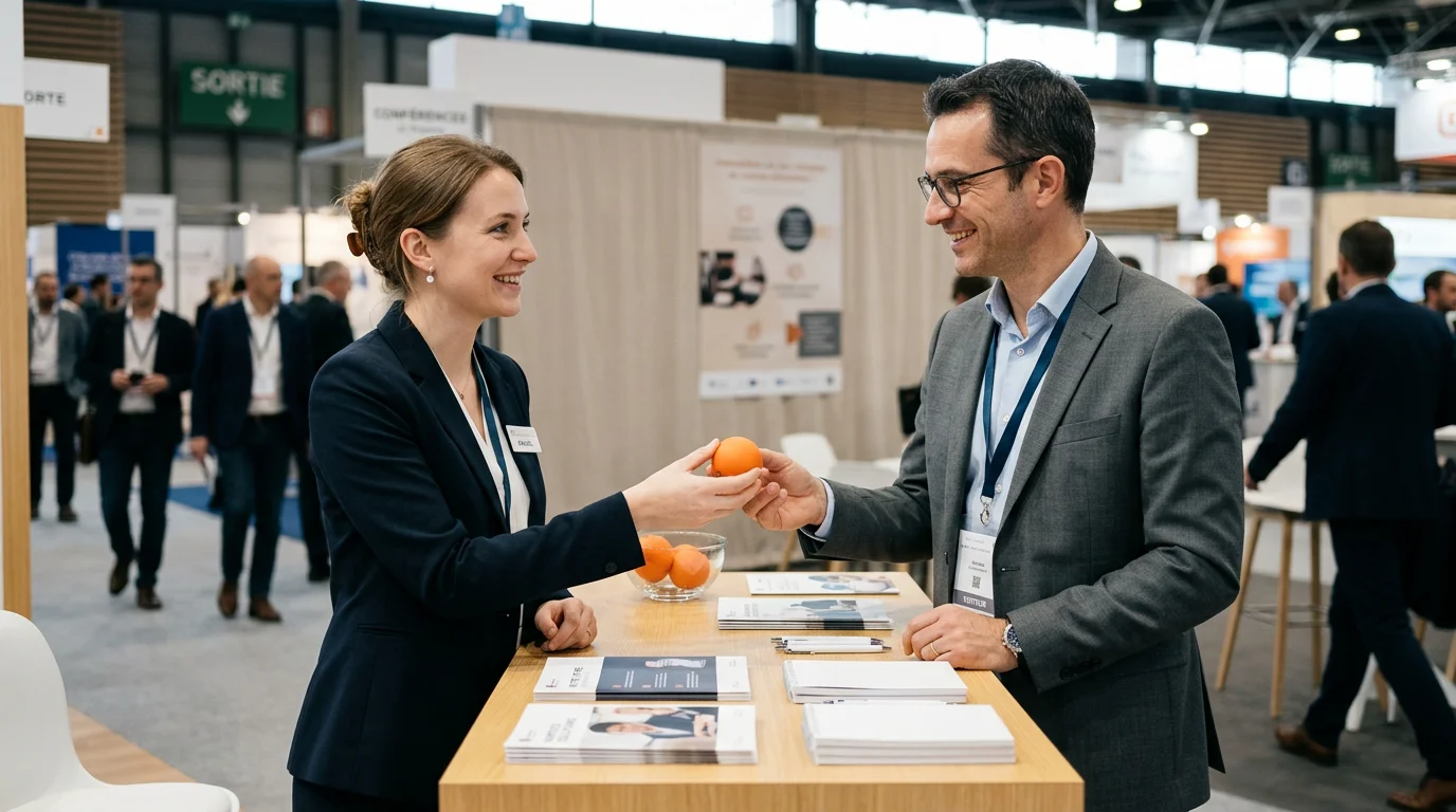 Distribution d'un objet anti-stress personnalisé sur un stand de salon professionnel