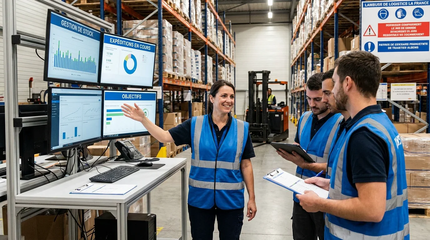 Chef d'équipe logistique supervisant les opérations dans un entrepôt en France