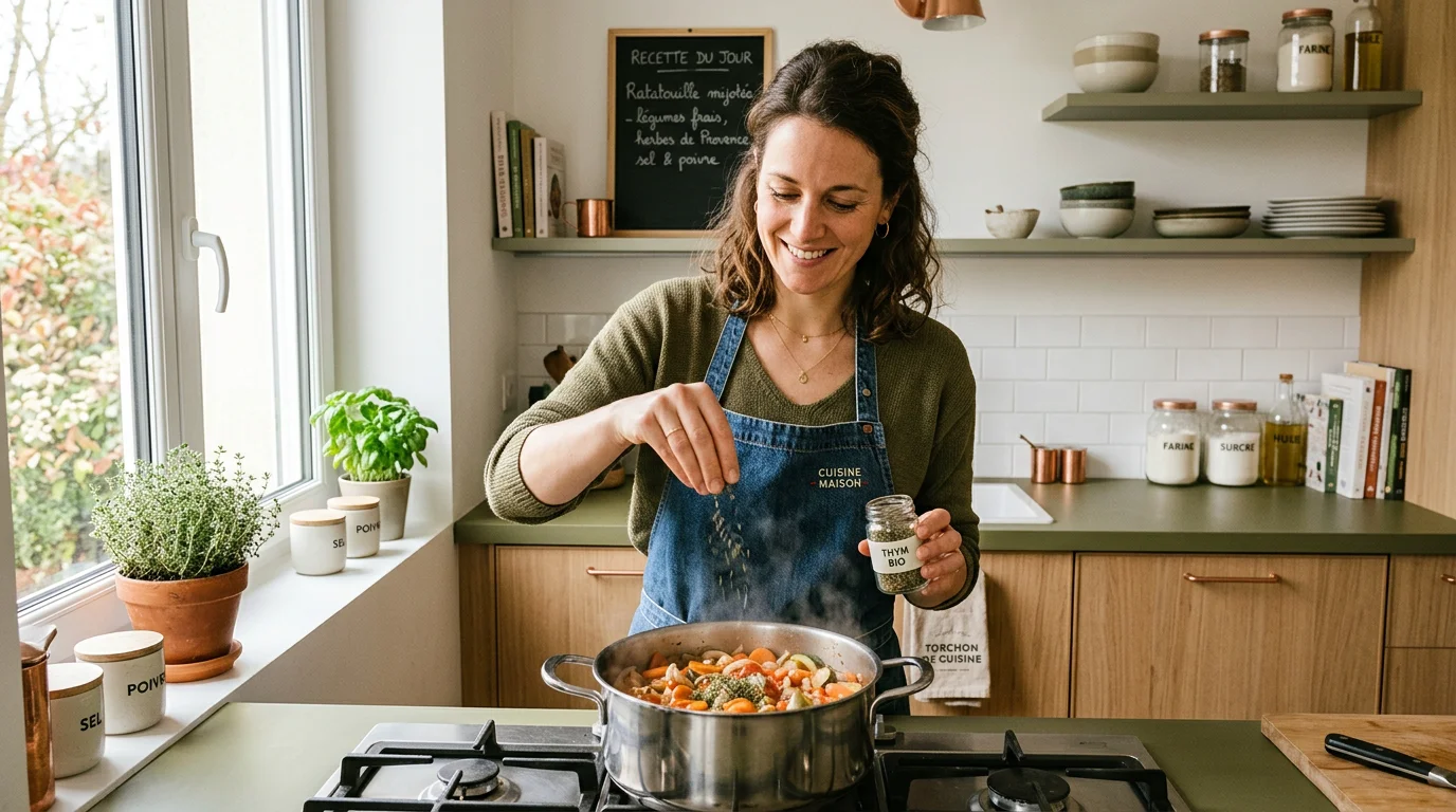Femme européenne assaisonnant un plat mijoté avec du thym dans une cuisine lumineuse