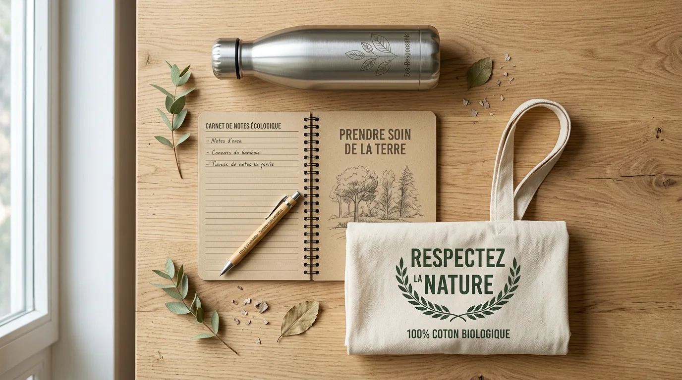 Objets publicitaires éco-responsables en matériaux durables disposés en flat lay