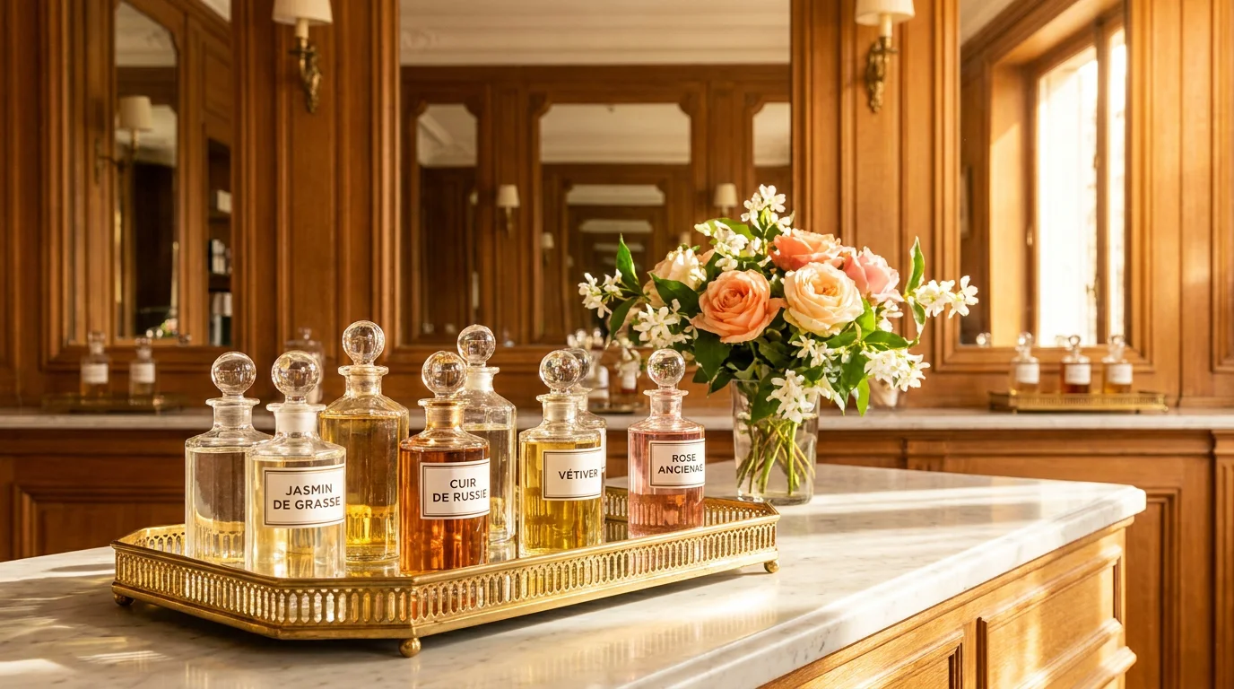 Flacons de parfum élégants disposés sur un plateau doré dans une ambiance de parfumerie raffinée
