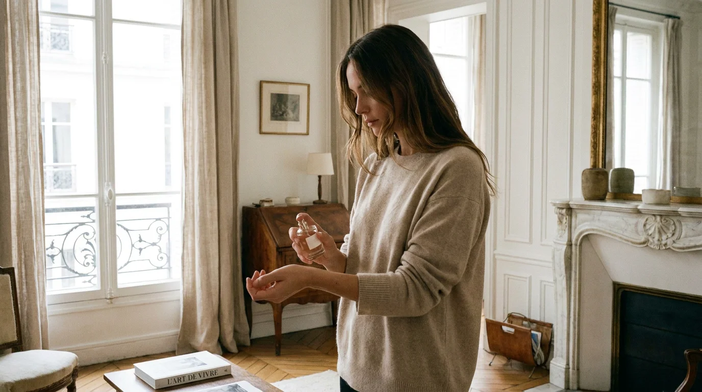 Personne appliquant du parfum sur son poignet dans un intérieur lumineux et élégant