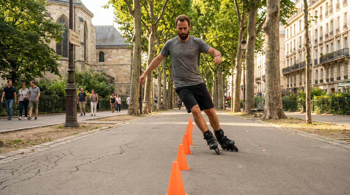 Patineur européen pratiquant le slalom entre des cônes sur des rollers freestyle dans un parc urbain