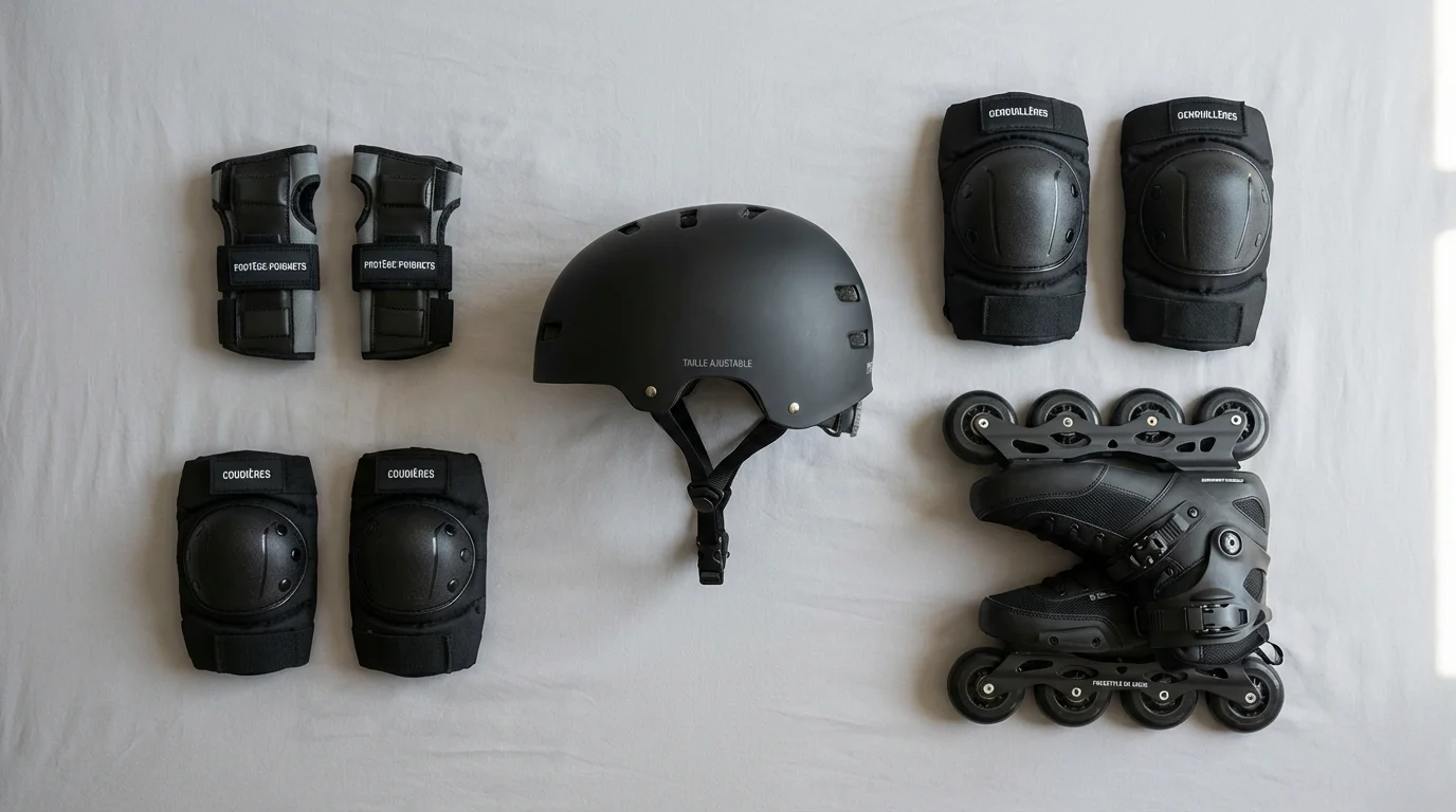 Équipement de protection pour roller freestyle disposé en flat lay : casque, protège poignets, genouillères et coudières