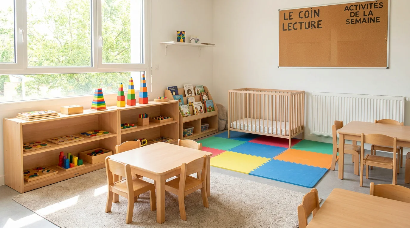 Espace d'accueil petite enfance équipé avec du mobilier en bois, des tapis de sol et du matériel d'éveil