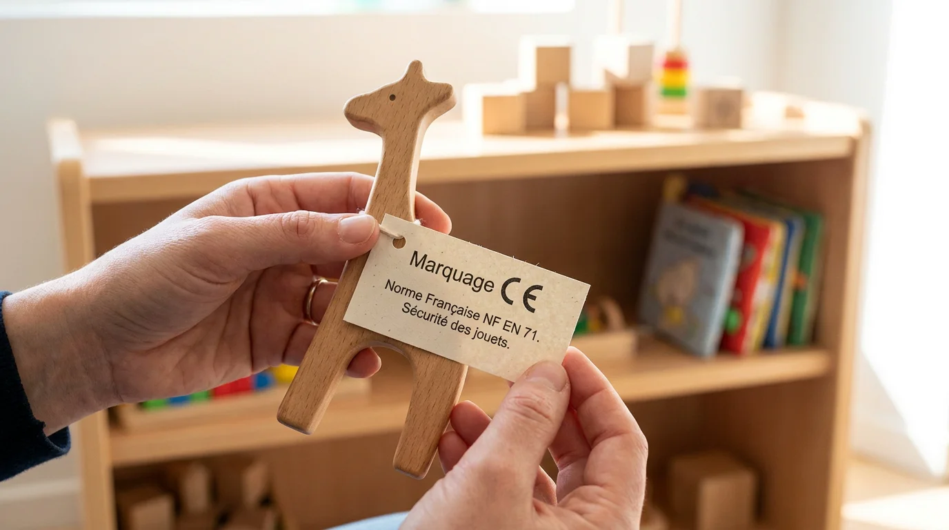 Vérification des marquages CE et NF sur un jouet en bois pour enfants