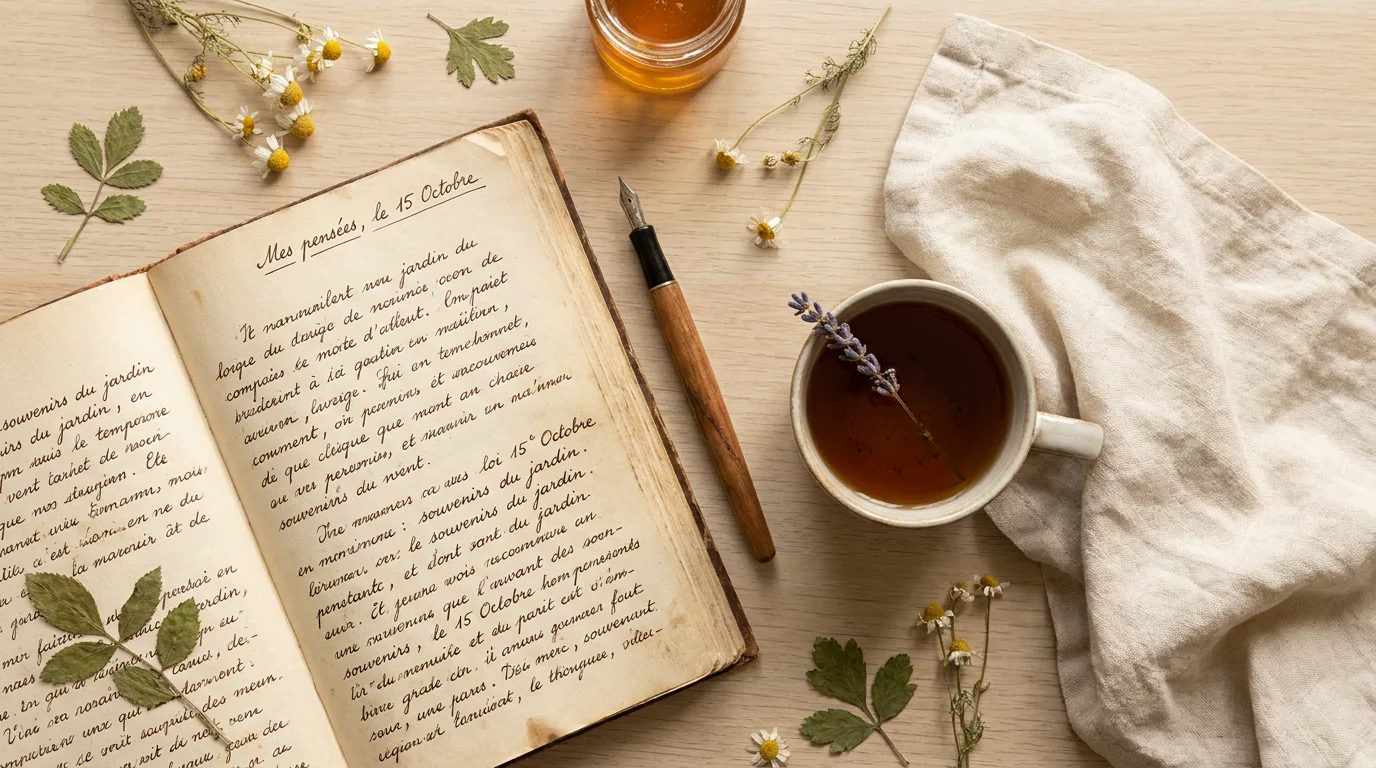 Carnet ouvert avec écriture manuscrite, stylo plume, fleurs séchées et tasse de thé sur une table en bois